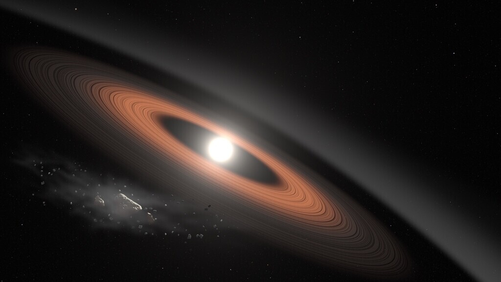 illustration of asteroid breaking apart near a white dwarf star