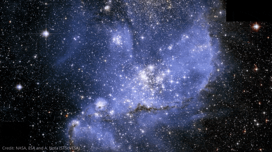 A rotating gif of examples of a stellar nursery, NGC 346, and a planetary nebula, the Helix Nebula. The stellar nursery is a blue wispy cloud taking up nearly the entire scene and bright stars can be see dotted throughout the image, with bright ones near the center of the cloud. The Helix nebula looks like a giant eye with a blue center and pale yellow light fading into orange to form the “white” of the eye. redit: Helix Nebula image: NASA, NOAO, ESA, the Hubble Helix Nebula Team, M. Meixner (STScI), and T.A. Rector (NRAO); NGC 346: NASA, ESA and A. Nota (STScI/ESA)