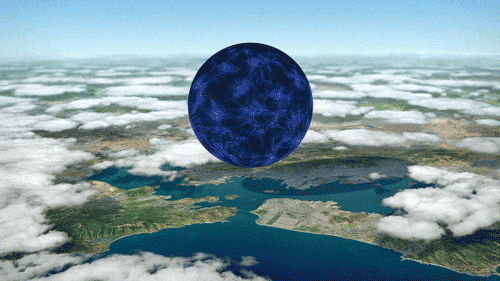 An imagined neutron star hangs over San Francisco. The blue and black ball spins just above the clouds.