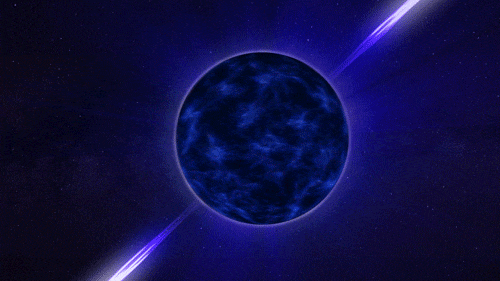A mottled blue and black ball, representing a neutron star, spins about once per second. There are light blue ovals on opposite sides of the neutron star representing hotspots on its surface that are offset from the spin axis. From each oval is a beam of light extending from the oval out of the frame. As the star spins, the hotspots and beams come in and out of our view, making it look like the star is pulsing.