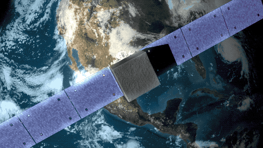 Animation of the Fermi Gamma-Ray Telescope in space. The satellite features a large black box structure with white instruments underneath. Two long solar arrays extend from opposite sides, just under the black box. 
