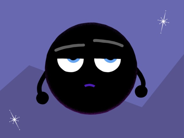 Illustration of the black hole character - a black circle with a disgruntled face and tiny arms