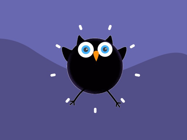 Round black bird with tiny wings and big blue eyes, on a purple background