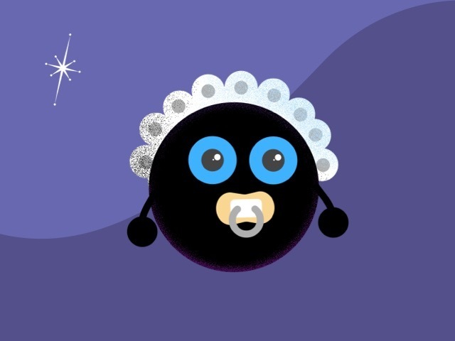 Illustration of a baby black hole with bonnet, big blue eyes, and a pacifier