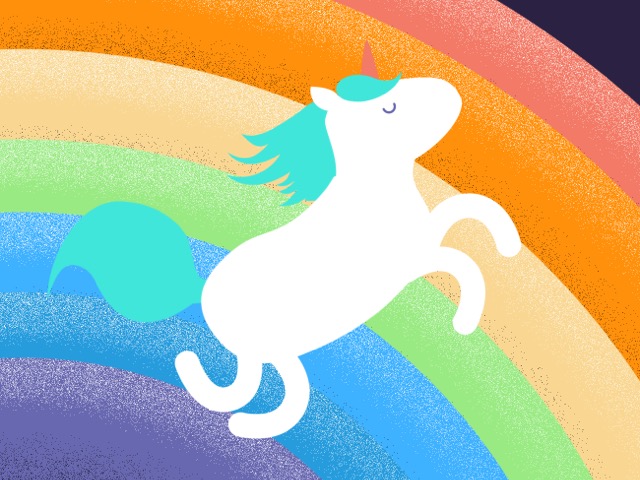 White unicorn with aqua mane against a rainbow background