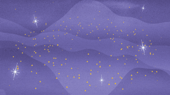 This animation opens with just a purple background and a few stylized white stars scattered around and a swarm of yellow stars circling an empty spot in the middle of the frame. An arrow points to the center of the swarm of stars with a line of question marks. Then a black hole bird spins around, appearing from the blank space with the question marks turning into exclamation points. The character is a round black bird, representing a black hole, with an orange beak, two round eyes, two small horn-shaped ear tufts on top of their head, small wings on either side, and narrow stick-like legs. They flap their wings for a moment, blink, and look up at the exclamation marks.
