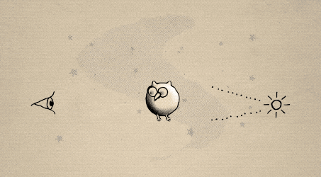 This animation is an illustration of gravitational lensing. The background looks like aged paper, and all drawings are made of lines as though a pen drew them. At the center of the diagram is a black hole bird that looks like a stylized owl. To the far right is a star and on the far left is an eye looking toward the star. The black hole bird lies directly between the star and the eye. Dotted lines, representing light from the star, are shown to arc above and below the black hole bird, in the same way light can be lensed, or redirected, by a massive object between the object that emits the light and the viewer. 