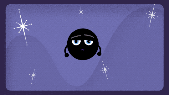 This animation opens with a round black hole character, represented by a black circle with half-circle eyes and two small arms, sitting in the center of a purple background with stylized stars scattered around. Then the camera zooms out until the black hole is tiny at the center of the image. A small red circle is drawn around the black hole with a note saying “Not Safe.” Dotted around the rest of the image is the word “Safe” repeated many times. Then the animation reverses, the words disappear and it zooms back into the black hole. 