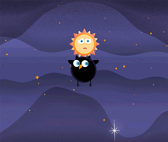 Against a purple background dotted with orange stars, a black hole bird and a small star orbit each other. The black hole bird character is a round black bird, representing a black hole, with an orange beak, two round eyes, two small horn-shaped ear tufts on top of their head, small wings on either side, and narrow stick-like legs. As they circle the small star, they flap their wings, spin around, and bop their head. The small star character is depicted as a large yellow circle with pulsating yellow and orange spikes around its edges. As it orbits the black hole bird, its face shows a worried expression with a frowning face and eyes darting around. 