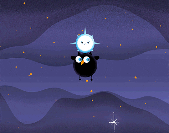 Against a purple background dotted with orange stars, a black hole bird and a white dwarf star orbit each other. The black hole bird character is a round black bird, representing a black hole, with an orange beak, two round eyes, two small horn-shaped ear tufts on top of their head, small wings on either side, and narrow stick-like legs. As they circle the white dwarf star, they flap their wings, spin around, and bop their head. The white dwarf star character is depicted as a white yellow circle with long spikes to the sides and up and down, and smaller spikes between the large ones. As it orbits the black hole bird, its face shows some concern with a frown and small black eyes dart around.