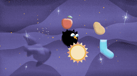 Against a purple background dotted with orange stars sits a black hole bird with objects in orbit around it. The black hole bird character is a round black bird, representing a black hole, with an orange beak, two round eyes, two small horn-shaped ear tufts on top of their head, small wings on either side, and narrow stick-like legs. Around it are a star, a gray cloud of material, an apple, a potato, a left sock, and a star. There’s a bright flash from near the black hole bird, and when it is visible again it has a disk of pink and blue swirls representing an accretion disk. 