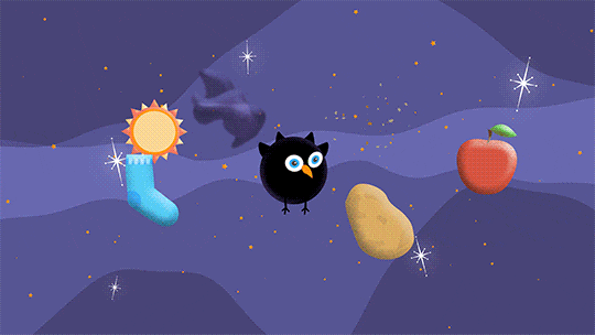 Against a purple background dotted with orange stars sits a black hole bird with objects in orbit around it. The black hole bird character is a round black bird with an orange beak, two round eyes, two small horn-shaped ear tufts on top of their head, small wings on either side, and narrow stick-like legs. Around it are a star, a gray cloud of material, an apple, a potato, a left sock and a star. As the objects circle, the black hole bird watches them, flapping its wings, and occasionally spinning around. 