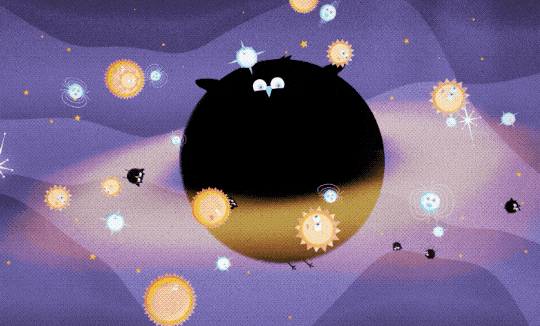 Against a purple background dotted with orange stars sits a giant black hole bird with a cloud of hazy material and a swarm of characters orbiting it. The giant black bird has a blue beak, two small horn-shaped ear tufts on top of their head, small wings on either side, and narrow legs. Surrounding the black bird are characters including small and large stars, depicted as circles with triangle spikes all the way around them. Also there are pulsars which are white circles with light blue arcs drawn from their top to their bottom, indicating their strong magnetic fields. Among the swarm, the stars and white dwarfs have expressions of worry while the pulsars look happy, spinning away. The smaller black hole birds flap their wings and enjoy the dance. All the while, the giant black hole flaps its wings and looks at them. 