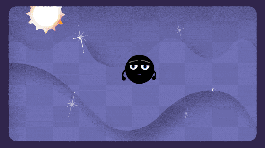 The animation opens with a cartoon black hole sitting in the middle of a purple background with a few stylized stars scattered around. The black hole watches a small star come into the scene from the upper left, moving toward the black hole. When it gets close, the side of the star close to the black hole stretches out forming a stream of material that circles the black hole. The material turns into an accretion disk that’s represented by swirls in shades of orange around the middle of the black hole. The black hole watches the star as it is shredded, then looks outward and raises its arms as if putting them on its hips. 