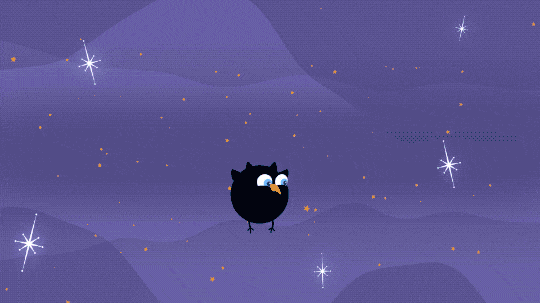 Against a purple background dotted with orange stars and a few stylized white stars sits a black hole bird. The black hole bird character is a round black bird, representing a black hole, with an orange beak, two round eyes, two small horn-shaped ear tufts on top of their head, small wings on either side, and narrow stick-like legs. The bird spins as a flash of light signals the bird gaining an accretion disk wish, which is shown as bright swirls of pink, green, and blue encircling it. A glittering disco ball enters the scene from above and under the bird is a flashing dance floor. Another flash of light and plumes of white and pink shoot out from its top and bottom, representing jets of material. Then the bird hops up and down as if dancing. 