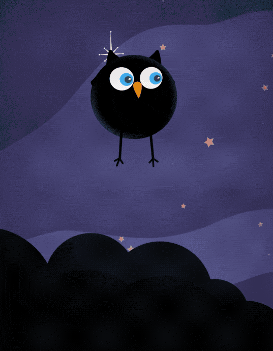 Against a purple background dotted with orange stars, sits a black hole bird. The black hole bird character is a round black bird, representing a black hole, with an orange beak, two round eyes, two small horn-shaped ear tufts on top of their head, small wings on either side, and narrow stick-like legs. In the lower left corner is a dark area that looks like the silhouettes of bubbles. As the black hole bird flaps and opens its beak, another silhouette appears in the bottom corner that looks like a figure with a pair of binoculars looking toward the bird. The bird flies away and the light comes up on a blue cartoon character in what was once the dark corner. This character looks like a round-topped cylinder with an antenna on top. They have a single eye and are wearing a green spacesuit and clear circular helmet. They are holding a book called “Field Guide to Black Holes.” They smile, then turn their attention to their book.