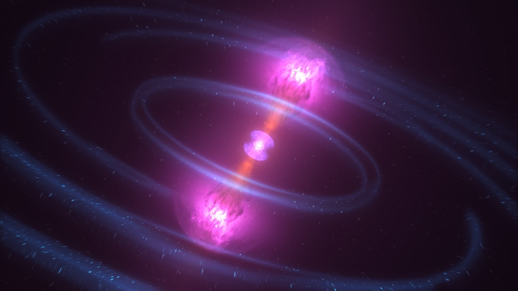This image depicts a gamma-ray burst caused by the merger of two neutron stars. The merger creates gravitational waves (shown as pale arcs rippling outward) being created following the merger of two neutron stars, a near-light-speed jet that produced gamma rays (shown as brown cones and a rapidly traveling magenta glow erupting from the center of the collision), and a donut-shaped ring of expanding blue debris around the center of the explosion. A variety of colors represent the wavelengths of light produced by the kilonova, creating violet to blue-white to red bursts above and below the collision.