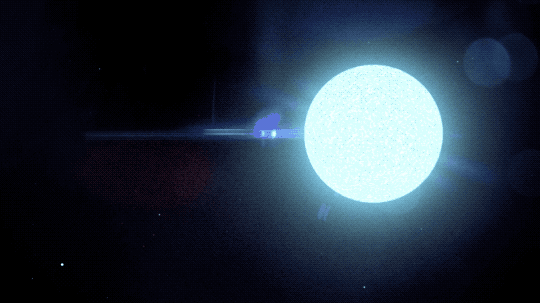 The camera pans from right to left to show a glowing pale blue orb representing a neutron star. 