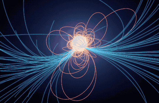 This simulation shows the possible arcs of magnetic field lines from a pulsar. At the center is a gray orb representing the pulsar. Close to the pulsar are various-sized ovals of orange that pierce the pulsar, looking like a tangled knot, though the lines do not actually cross each other. There are larger blue arcs that come off the screen, representing even more magnetic field lines.