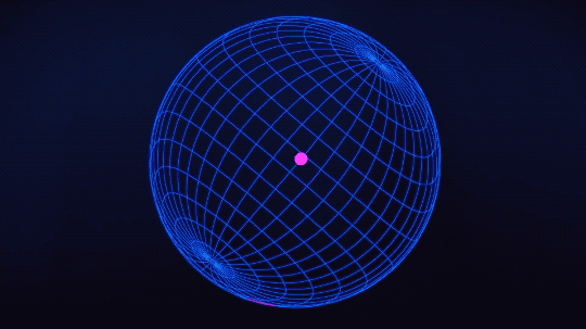 In this animation, the surface of neutron star J07040 is represented by a blue wireframe sphere. The wireframe lines run around the sphere creating crisscrossing latitude and longitudinal lines. The sphere is tilted with the top just to the right of center. Two pink spots come into and out of view as the sphere turns. One is near the star’s equator, the other is in the southern hemisphere. 