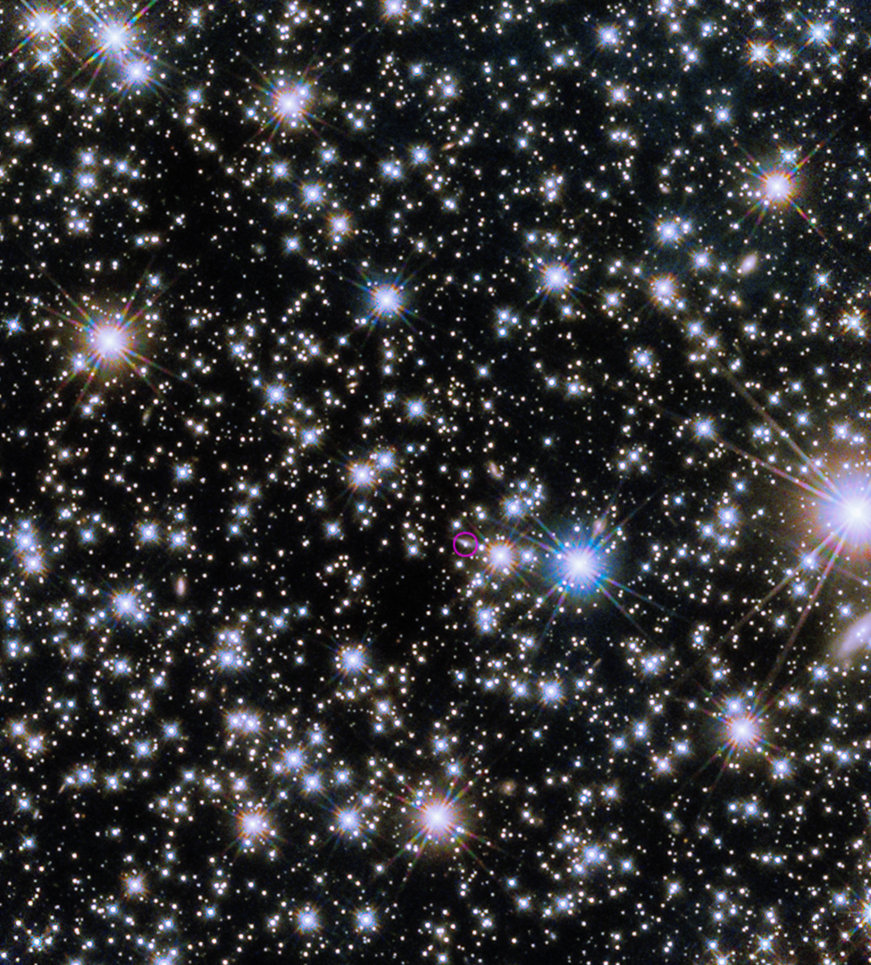 The Hubble Space Telescope’s Wide Field Camera 3 revealed the infrared afterglow (circled) of GRB 221009A and its host galaxy, seen nearly edge-on as a sliver of light extending to upper left from the burst.