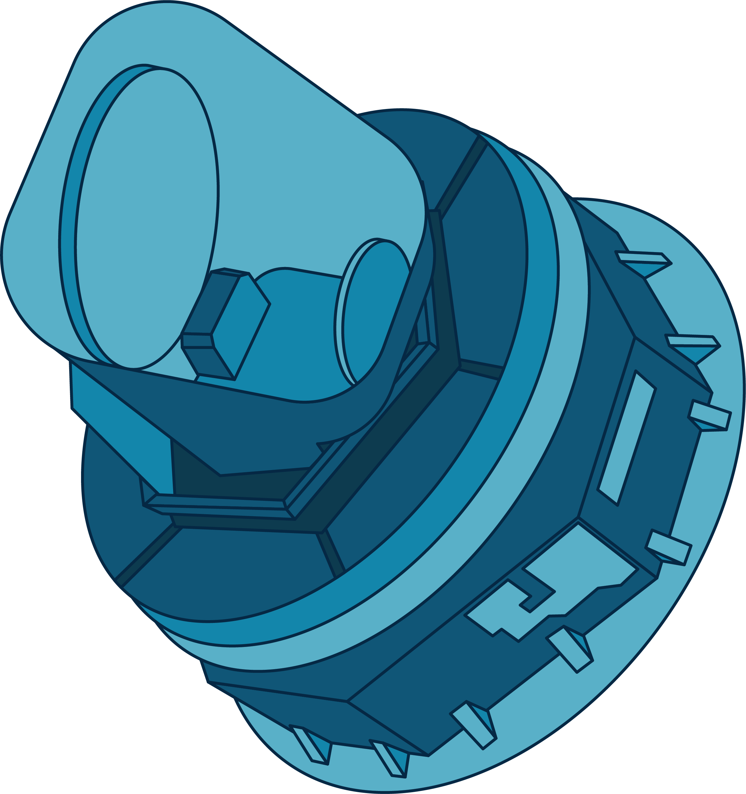 This illustration shows ESA's Planck spacecraft in shades of blue. The craft has a circular base topped by a short instrument with an open top and instrument pieces visible inside.
