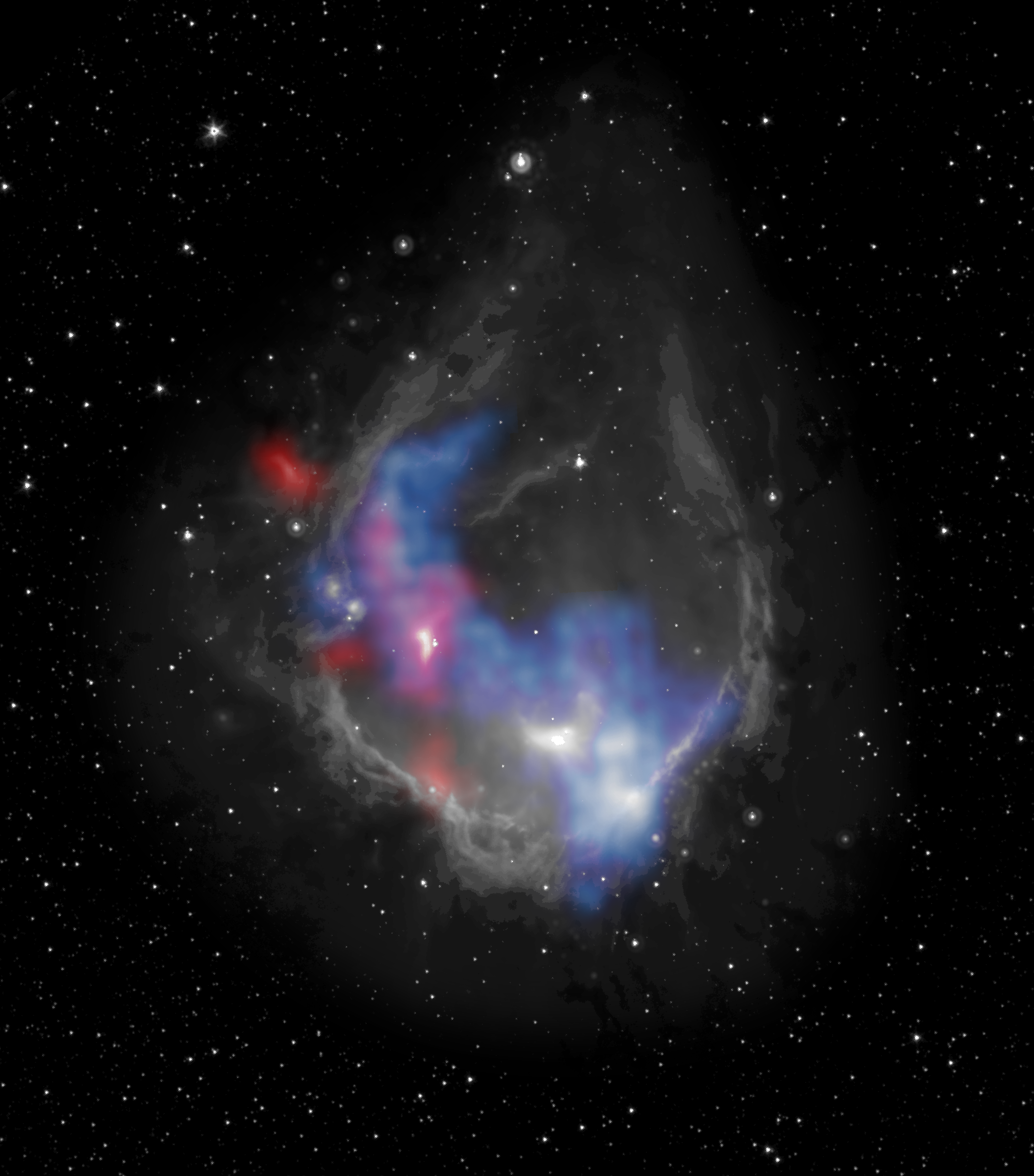 A faint ring of gray clouds breaks at the top, looking like horns extending upward. Inside the left side and lower part of the gray ring is a thick blue cloud. A ribbon of red overlaps part of the blue cloud on the left side, but also extends just outside the gray clouds. All of this is on a black background dotted with star light.
