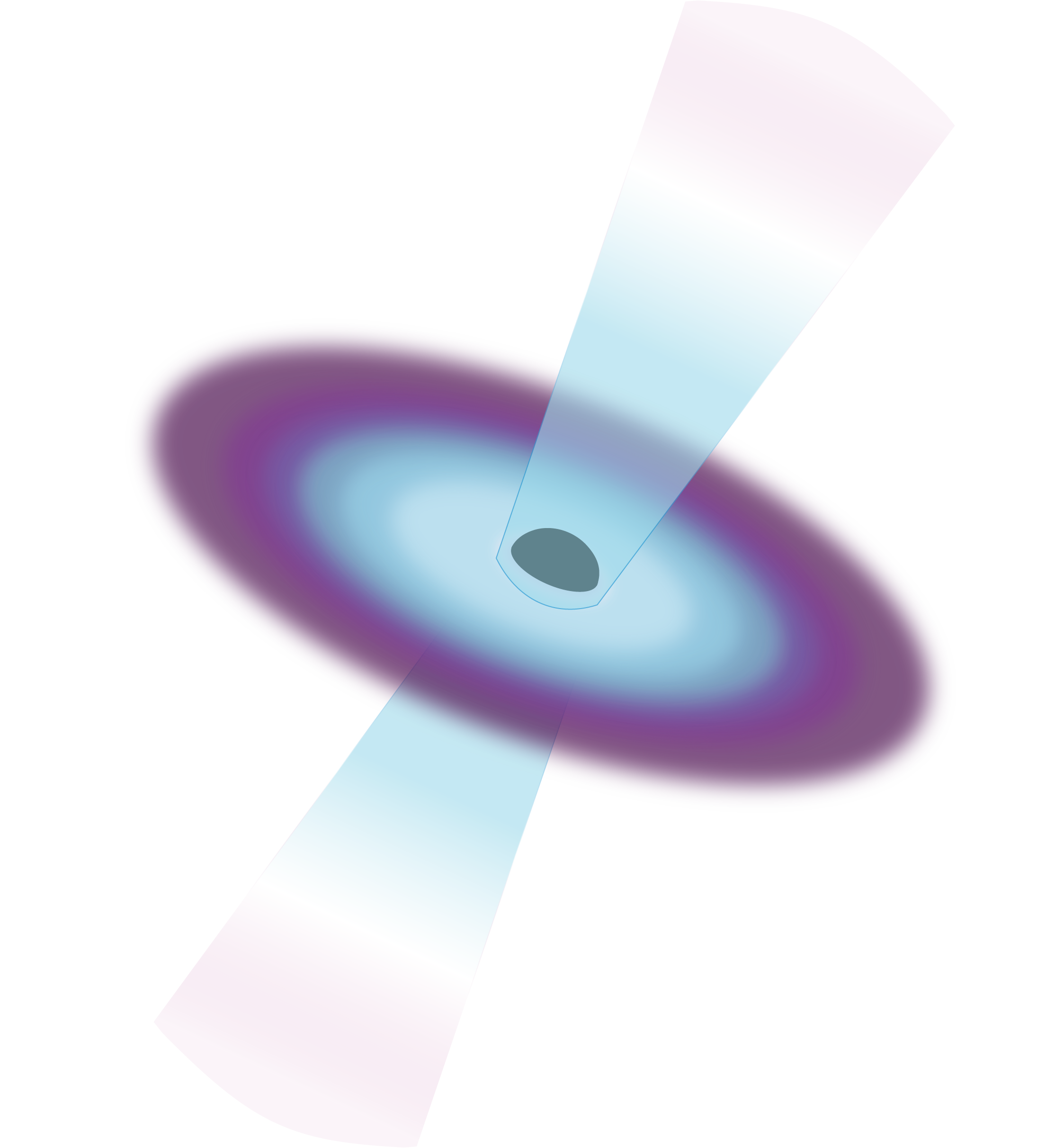 A graphic shows a tilted disc in the center. A dark, diffuse purple ring lines its outer edge. The dark purple fades inward to a bright purple, light blue, and then lighter until it reaches the center where there is a black spot. From both the top and bottom of the disk's center, an icy light blue beam shoots out.