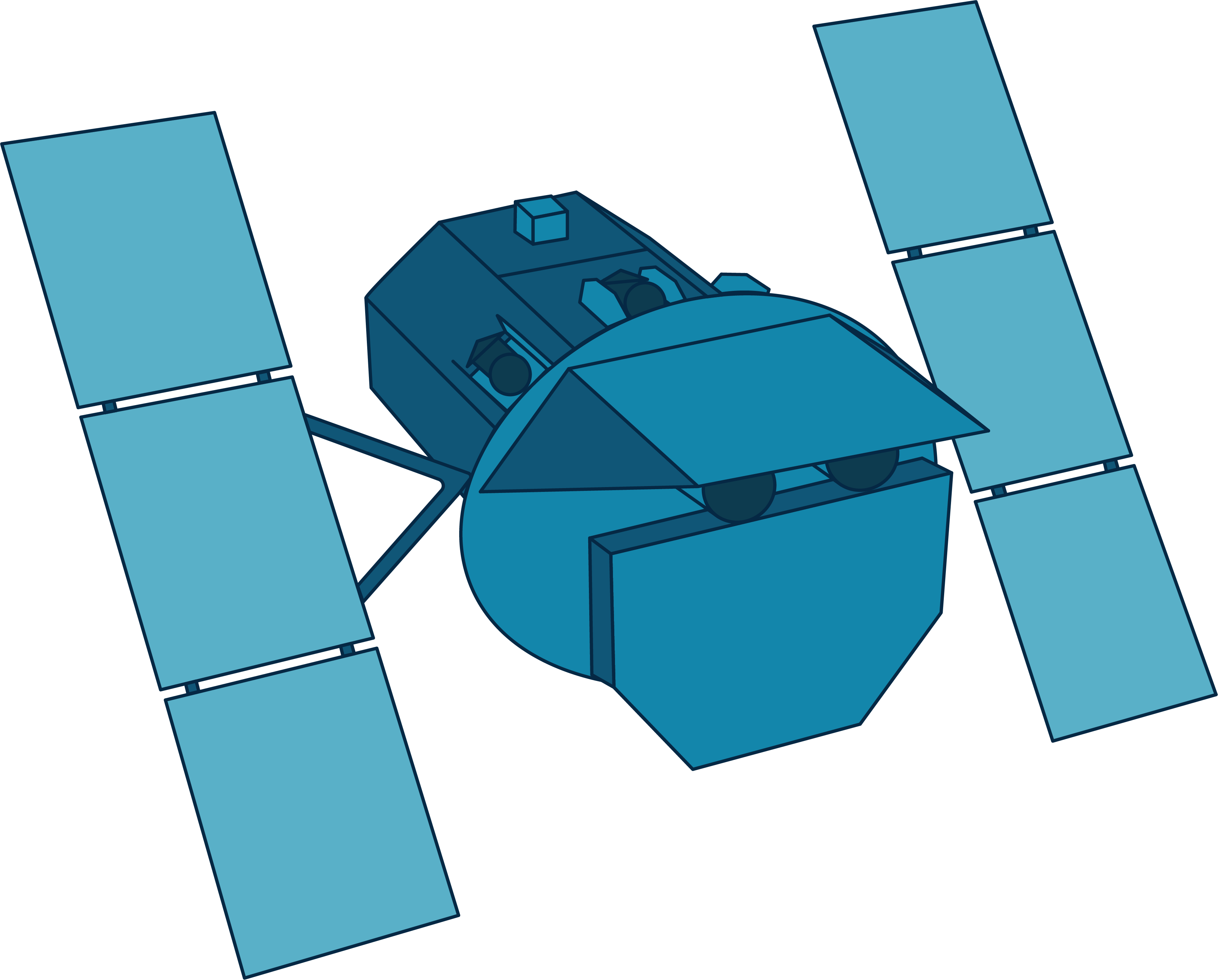 This illustration shows the Swift observatory in shades of blue. A multi-sided cylindrical body is flanked by two solar array "wings." The front face has a large squared-off half-circle instrument, two small cylindrical telescopes, and a shield along the top edge.