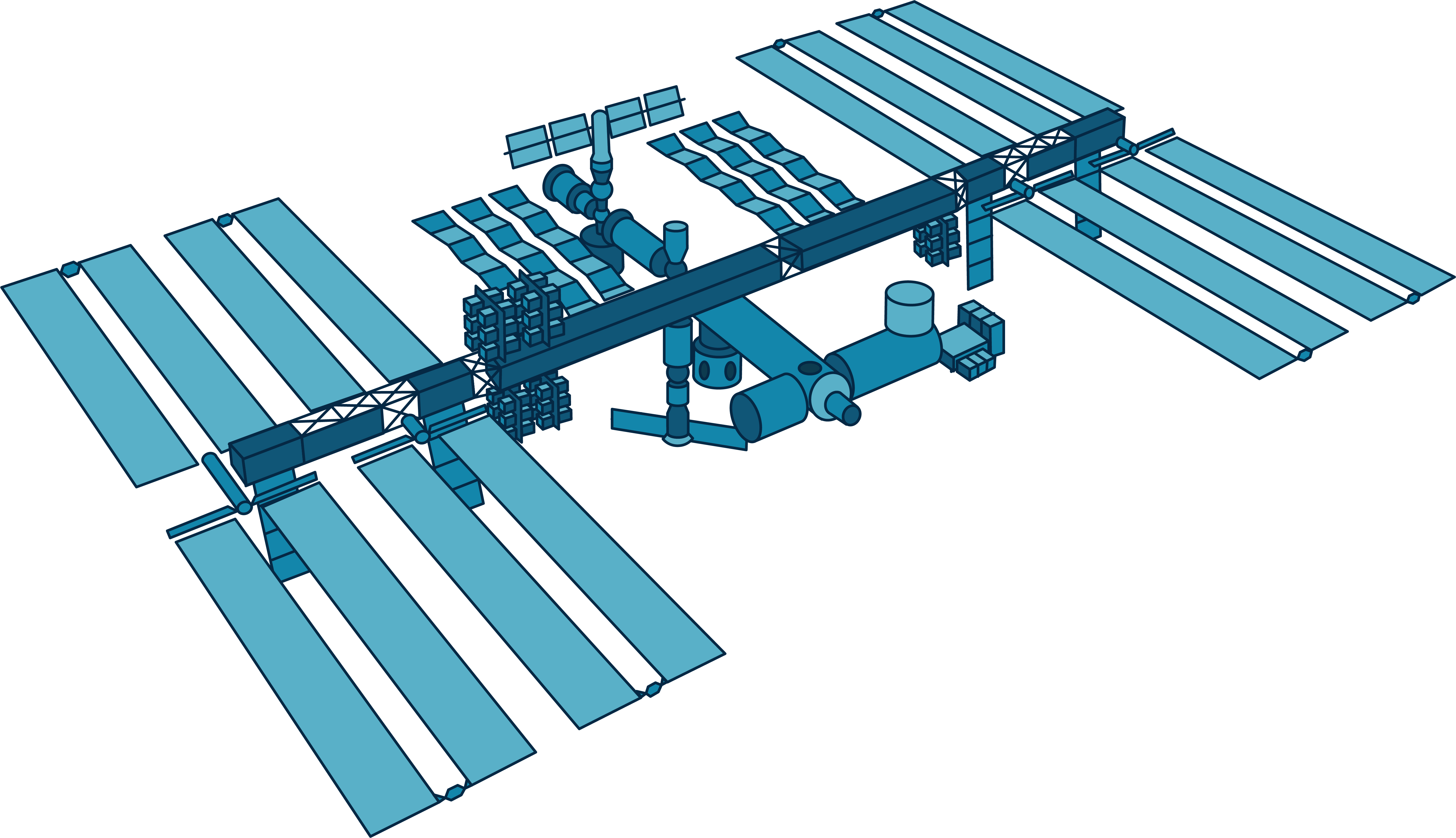 This illustration shows the International Space Station in shades of blue. The space station has a thin middle body made up of different small modules. Extending out from the middle body of the station, each side is flanked by a "wing" made up of a series of long, rectangular solar array pieces.