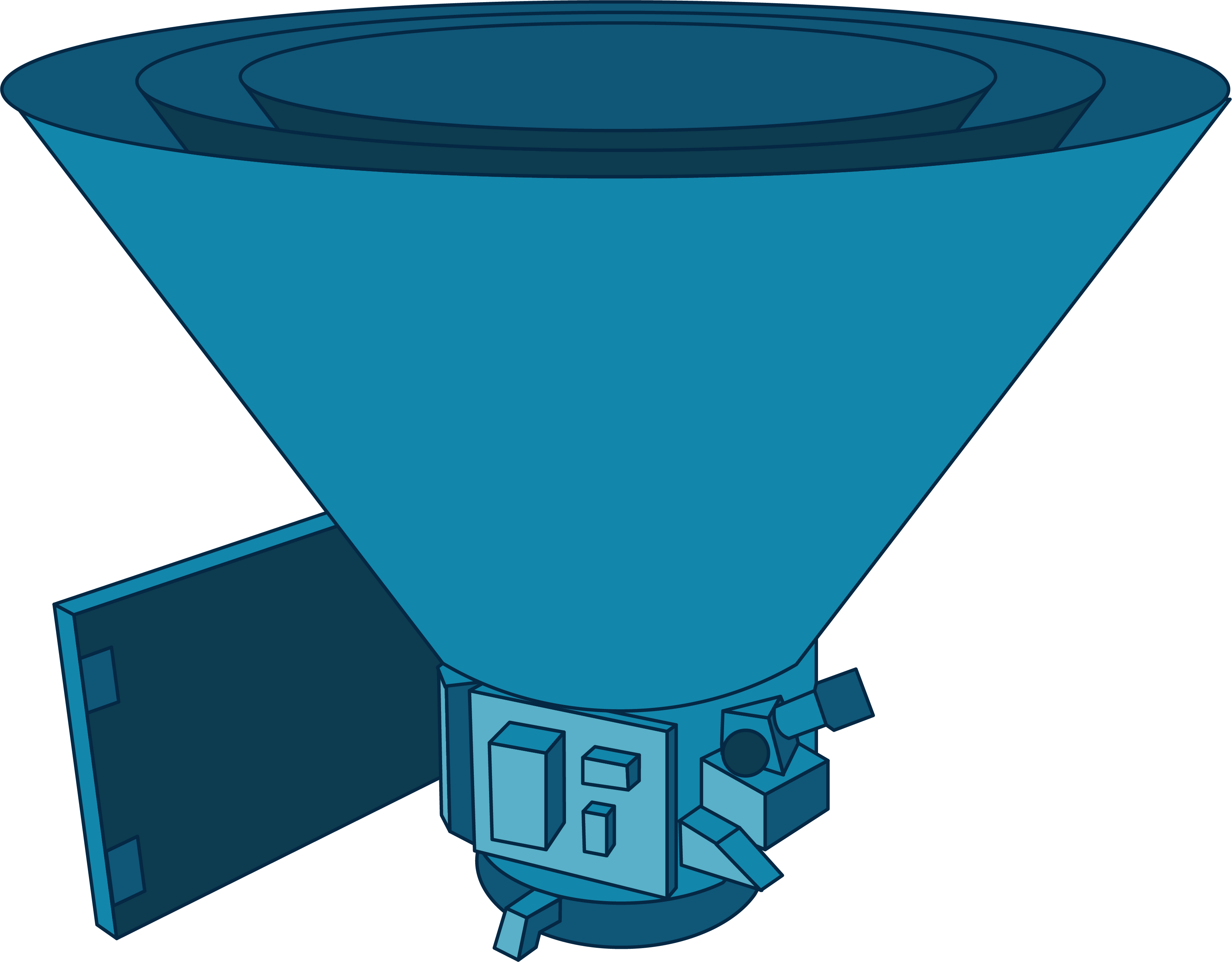 This illustration of NASA's SPHEREx mission shows the spacecraft in shades of blue. The main body of the spacecraft is cone shaped with smaller cone shapes within it, with a solar array "wing" stemming from the side of the craft.