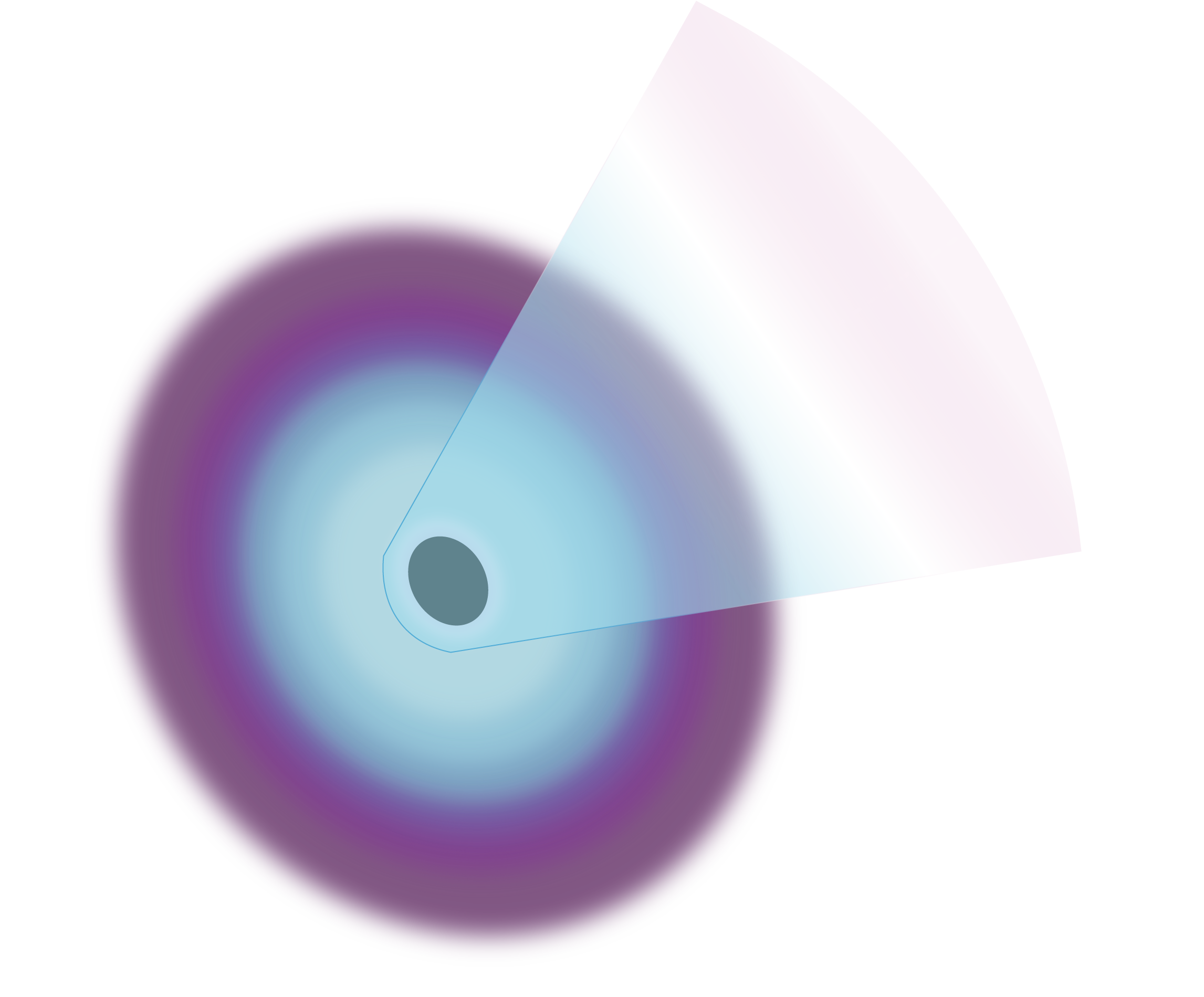 A graphic shows a diffused, dark purple ring that fades inward to a bright purple, a lighter purple, and eventually to a light blue gradient. At the center of the circular object is a small black circle from which a transparent beam is emitted, starting as a transparent blue and moving into green, yellow, orange and red.