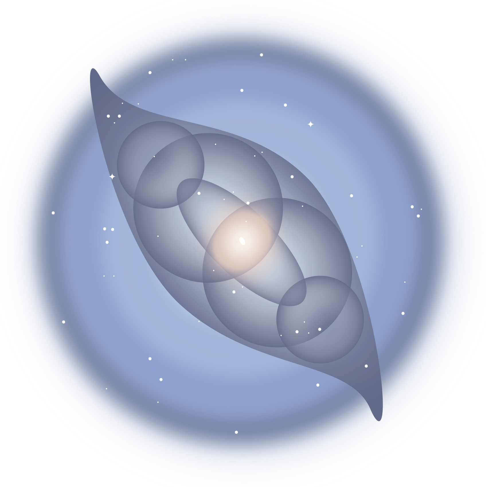 In the background is a hazy blue circle, with dark, transparent blue around the edge and lighter/brighter blues leading inward. In front of the blue circle is a blueish-gray object, shaped like a minimal, twisty lemon. Inside of this shape is a central, light yellow, cloudy circle with a bright white spot in the middle. All within the lemon-shaped object, the white spot is surrounded by an oblong oval shape which is overlapped by two large circular shapes and two small circular shapes. White dots representing stars speckle the image.