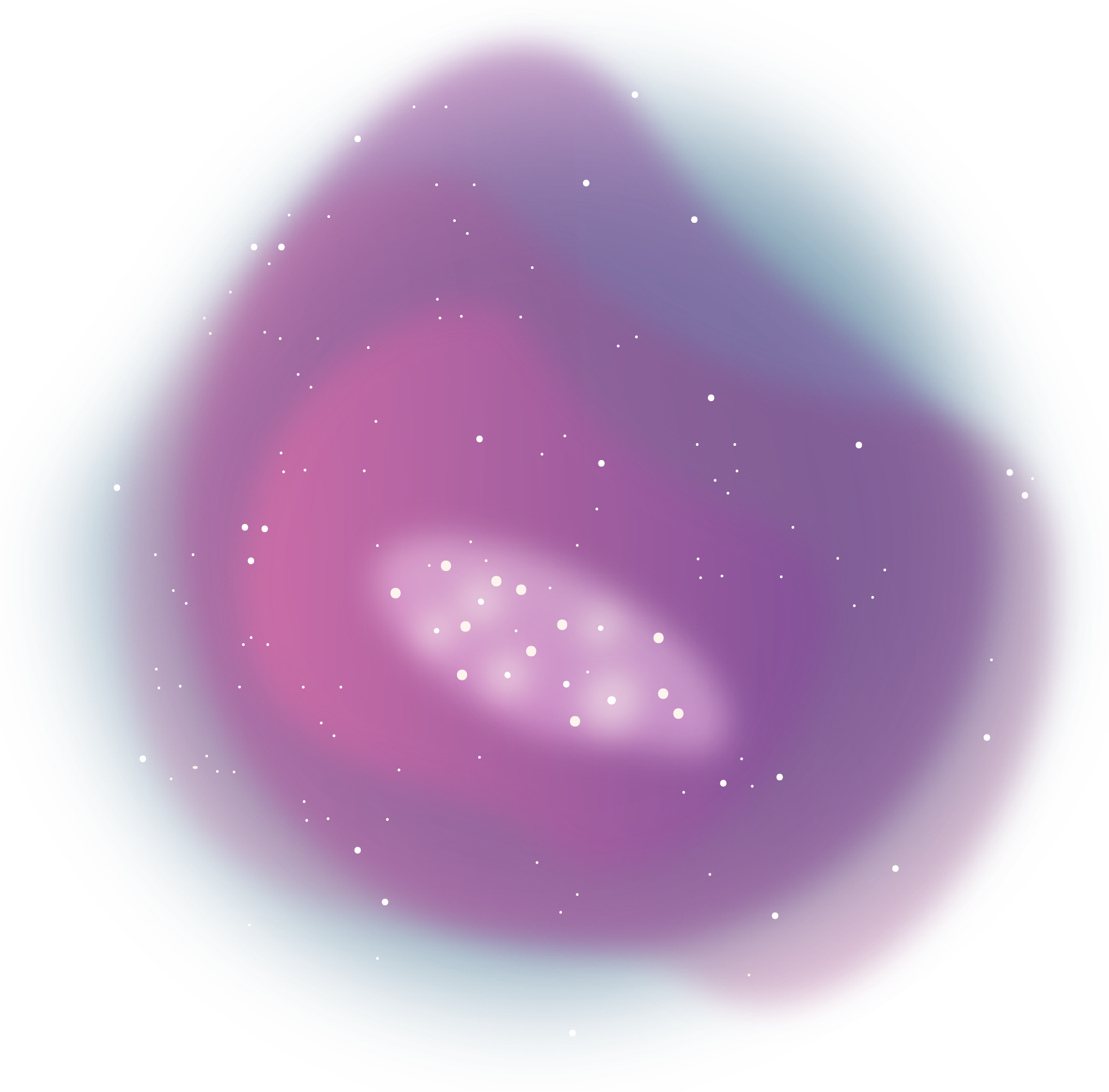 A large, amorphous blob in a subtle tear drop shape has layers of transparent, hazy color overlapping, starting with a small blue haze around the edge and moving inward to a dark purple, a redder purple, and then a brighter purple. While white dots representing stars speckle the whole image, in the center of this shape is a bright white oval cloud with more pronounced and larger stars grouped together. 