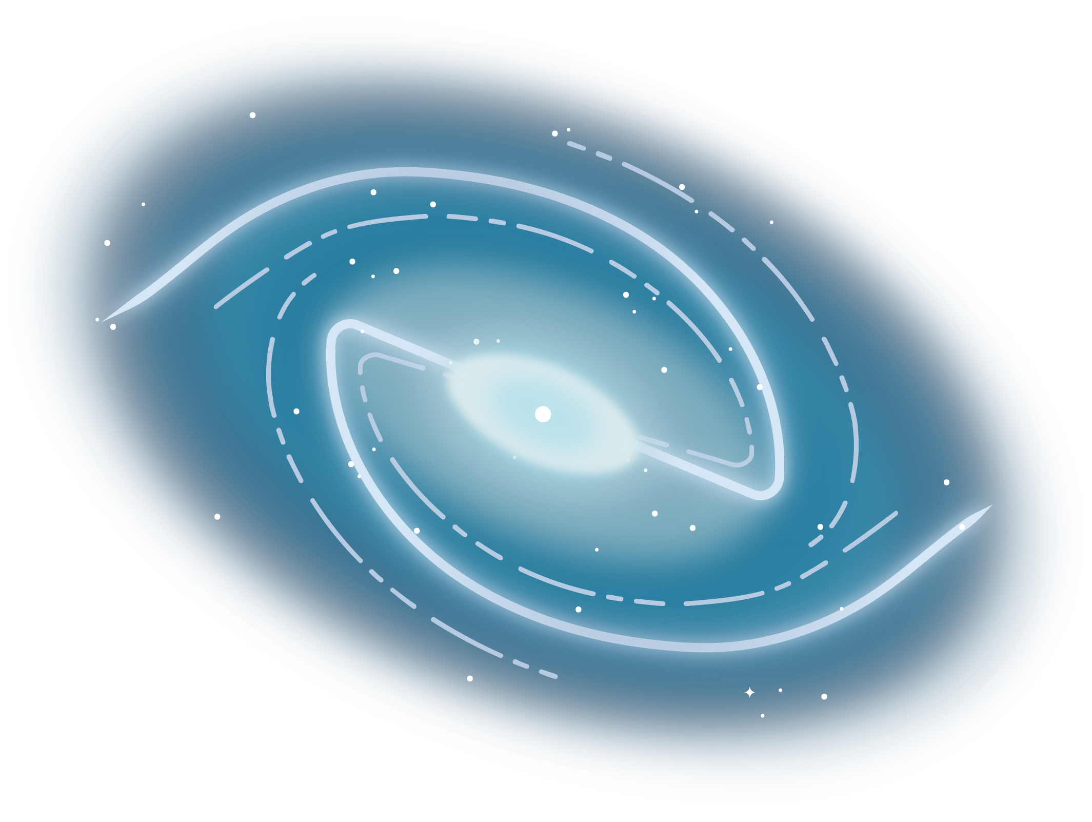 A background of medium, bright blue shows a bright, white, thin line that creates an oblong, elongated swirl that connects in the middle with a lighter blue, diffuse cloud. White dots representing stars speckle the image.