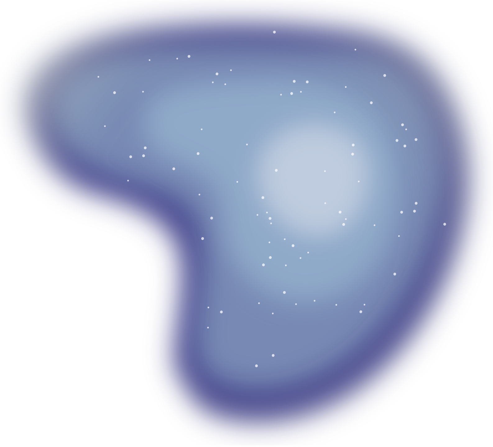 A rounded, boomerang-shaped diffuse purple blob that's darker around the rim with a light, whitish center. White dots representing stars speckle the image.