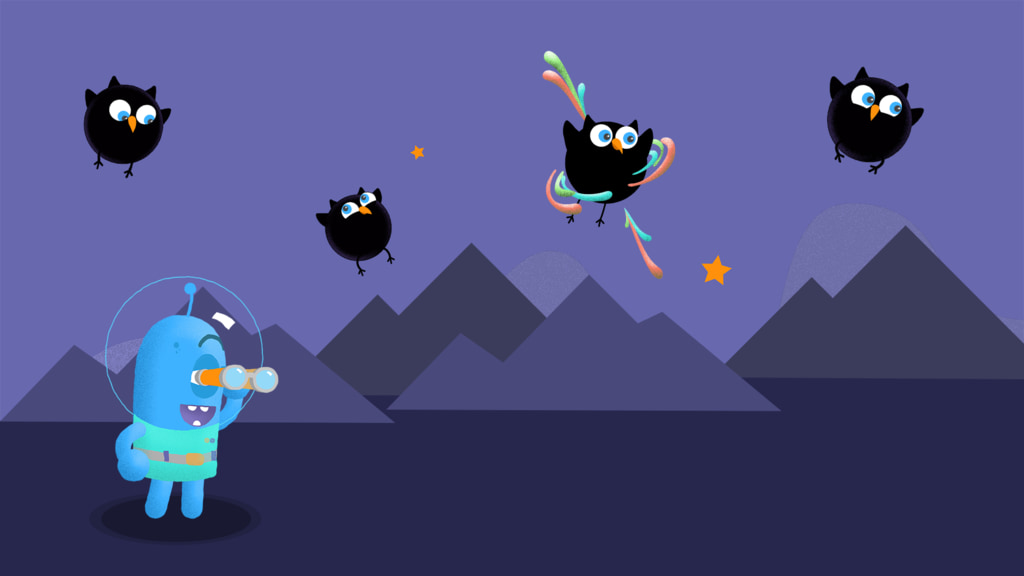 Against a purple background with mountains and a sky with orange stars stands a smiling blue cartoon figure shaped like a round-topped cylinder with an antenna. They are wearing a bubble-shaped helmet and green space suit. They hold a pair of binoculars to their eye and are looking toward the right of the image. Over their head are four black birds flying. The black birds represent a black holes. Each has an orange beak, two small ear tufts, small wings, and narrow legs. One is surrounded by multi-colored rings which represent an accretion disk. Shooting up to the left and down to the right from that bird are plumes of orange, green and blue, which represent jets of material accelerated away from the area near the black hole.