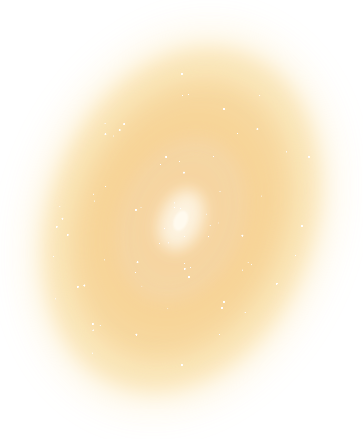 A diffuse oval is outlined by light yellow but gets progressively more opaque moving towards the center, a bright white spot surrounded by a small ring of white haze. White dots representing stars speckle the image.