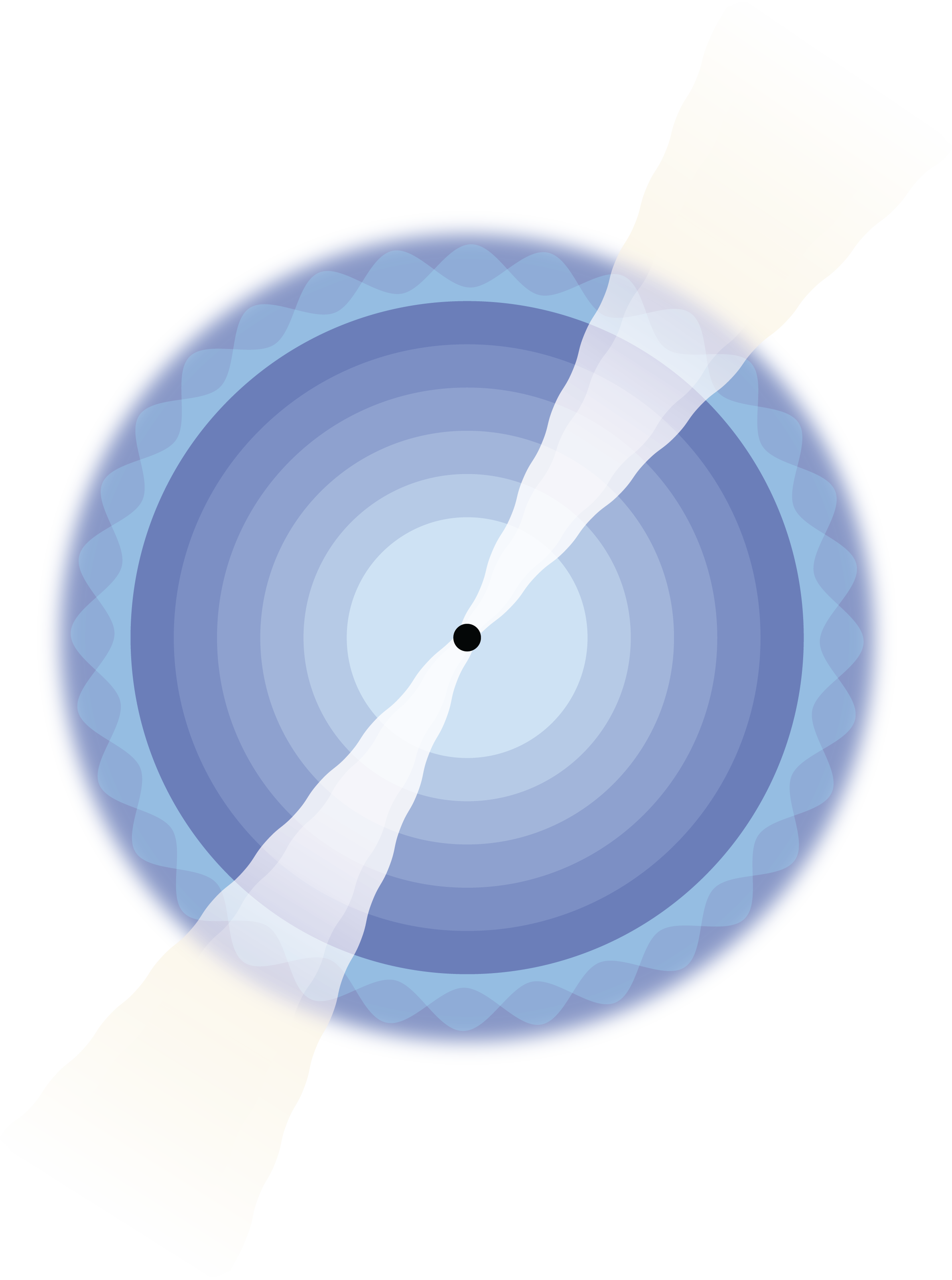 At the center of a series of nested blue circles is a black dot representing a black hole. A pair of cone-shaped, white jets emerge from either side of the black hole, tilted 45 degrees from vertical. The outermost blue circle has layered scalloped edges.