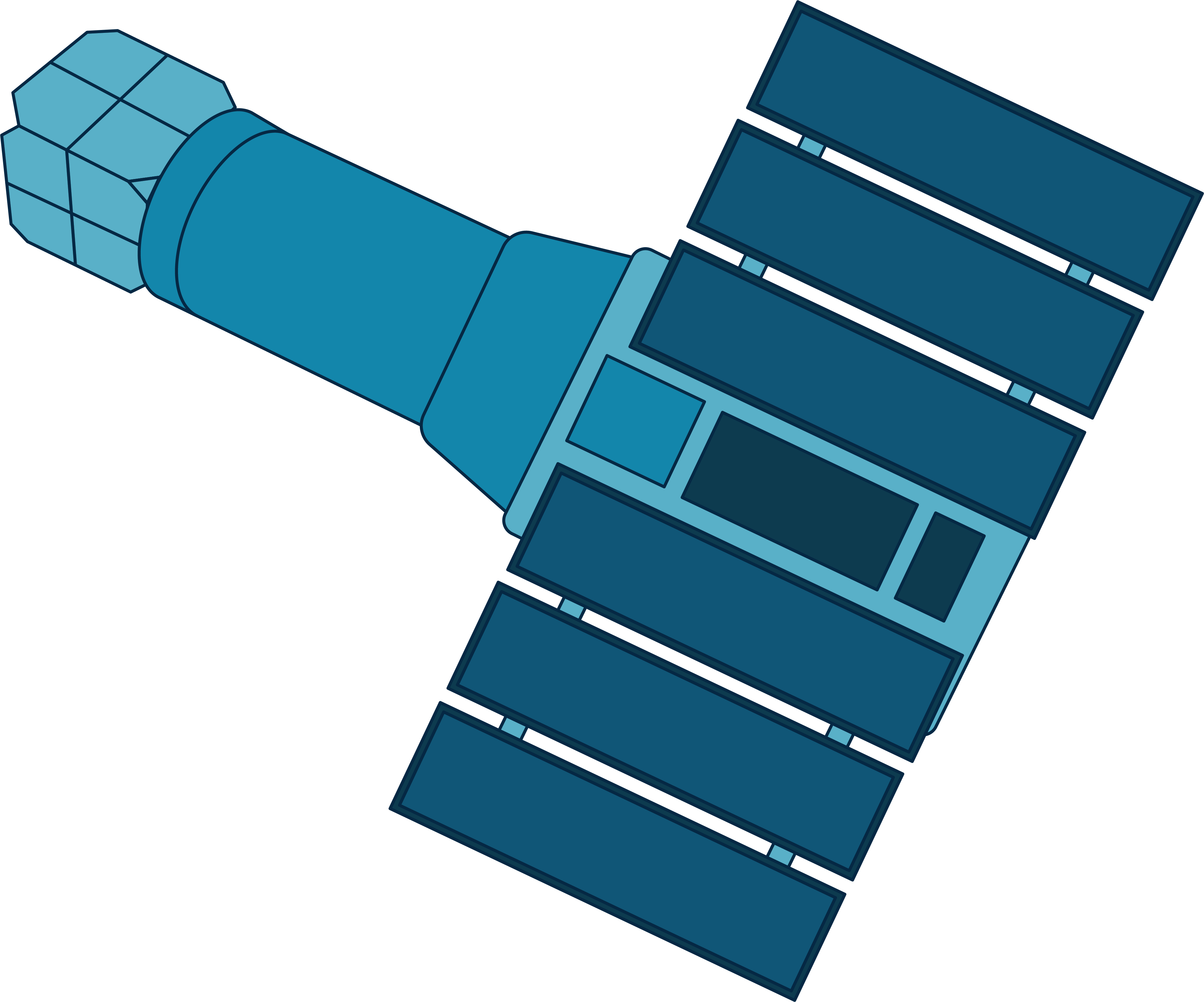 A graphic of ASCA is shown in light and dark shades of blue. The body of the spacecraft is bottle shaped, and an array of solar panels crosses on top of the widest part.