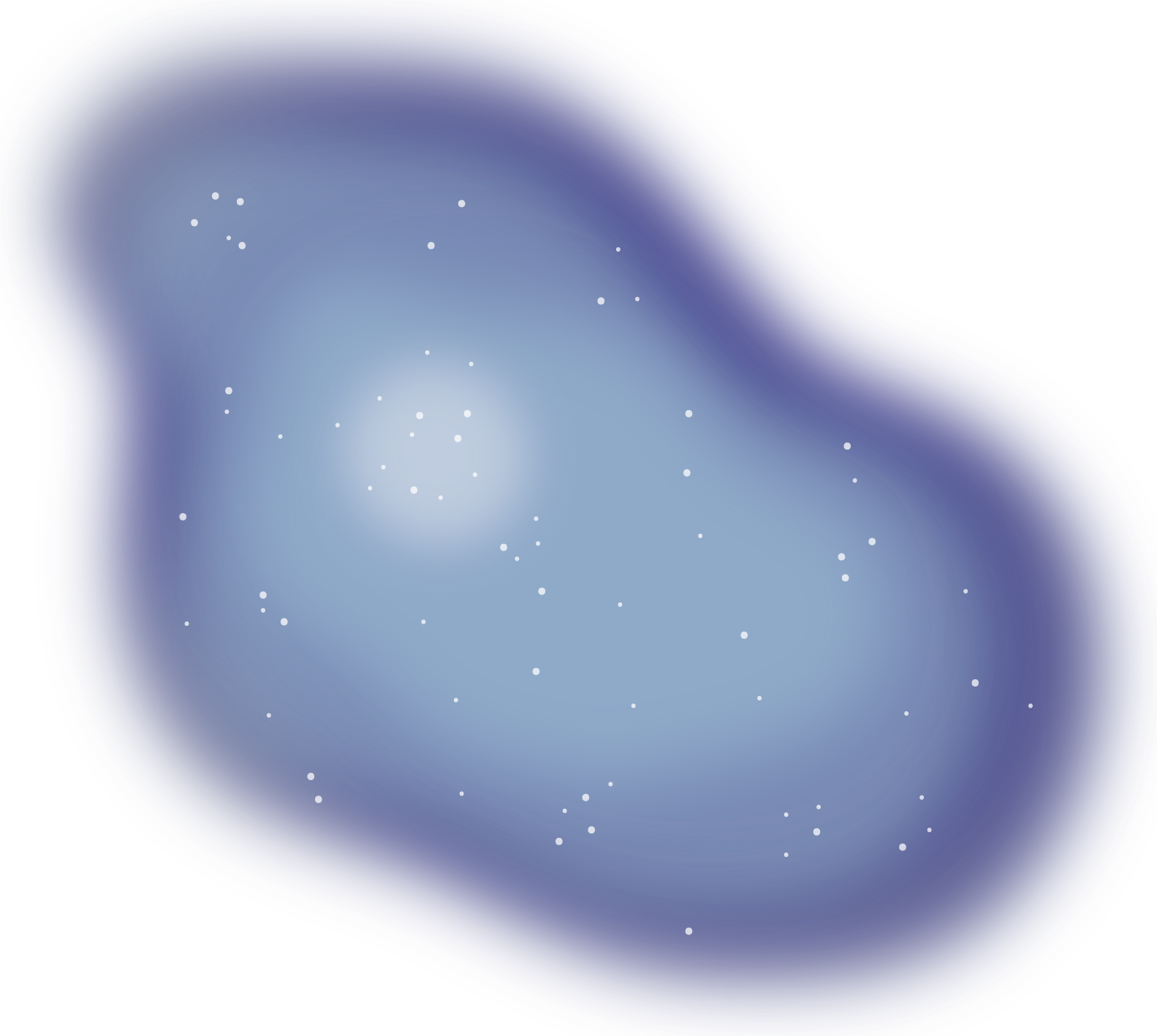 An amorphous, diffuse purple blob that's darker around the rim with a light, whitish center. White dots representing stars speckle the image.