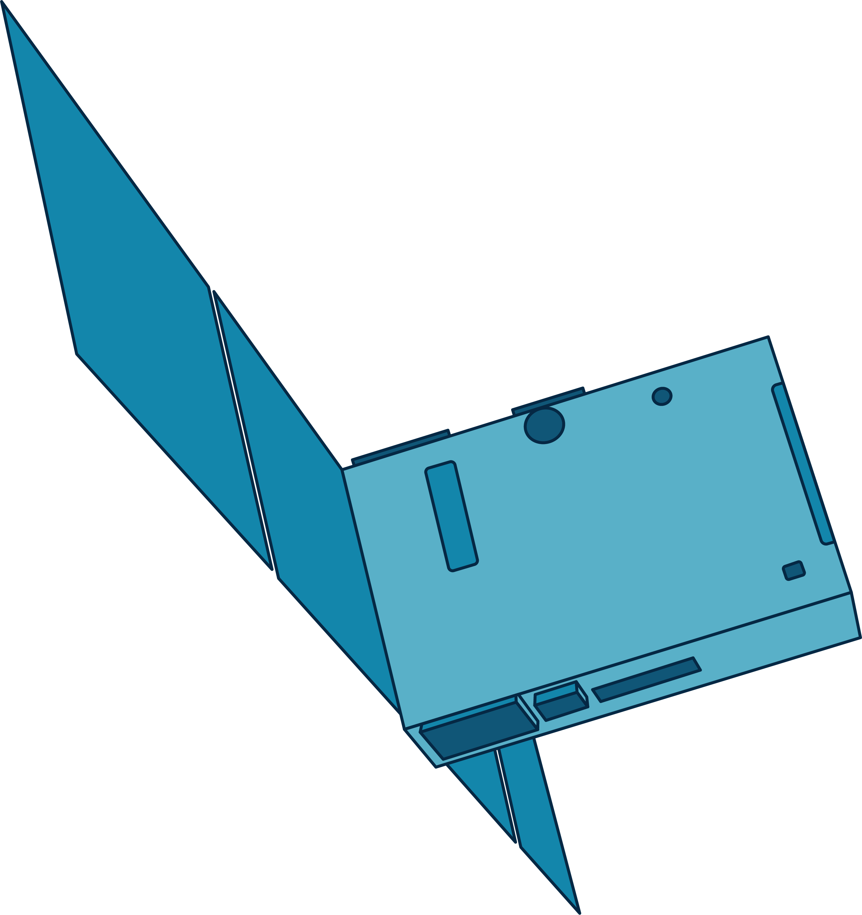A graphic of BurstCube is shown in light and dark shades of blue. The satellite’s body is rectangular, with the long side facing the viewer. Solar panels are attached to the short, left-hand side.