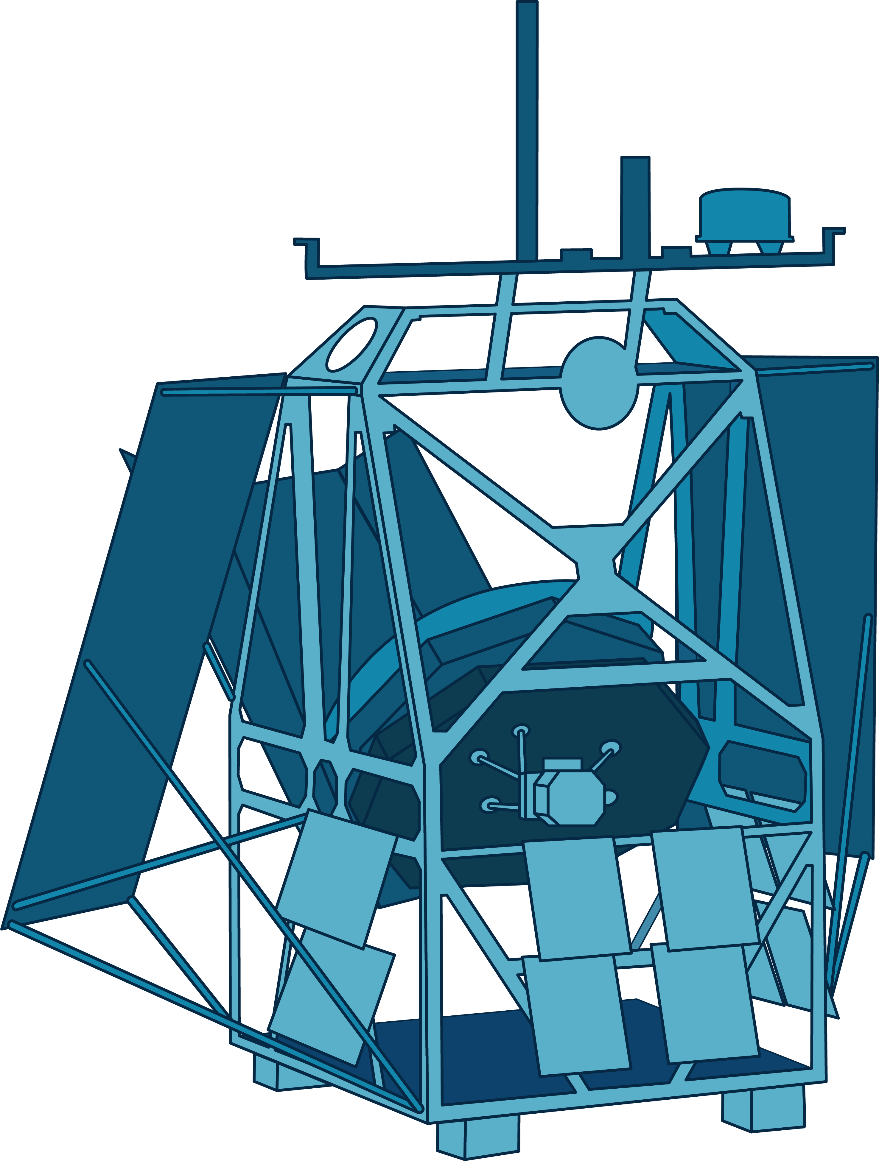 A graphic of ASTHROS is shown in light and dark shades of blue and has a main cage-like body with large, rectangular panels stemming from its sides, small square panels on its lower half, and a thin structure protruding from the top. (This structure will attach to a large balloon). A telescope protrudes from the back of the structure.