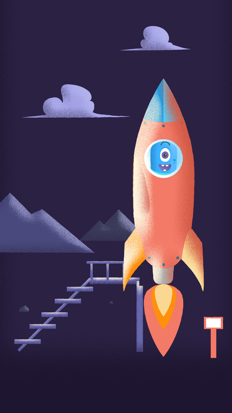 This image shows a cartoon depiction of a rocket about to launch. Here there is a purple background with light purple clouds in the sky and purple-hued mountains. To the right of center is a red rocket ship standing upright. It has a blue nose cone, light blue porthole with a smiling blue cartoon character with one eye looking out the window. Below the rocket is a plume of fire in shades of yellow and orange. Next to the rocket on the ground is a purple staircase and an orange sign with no text.
