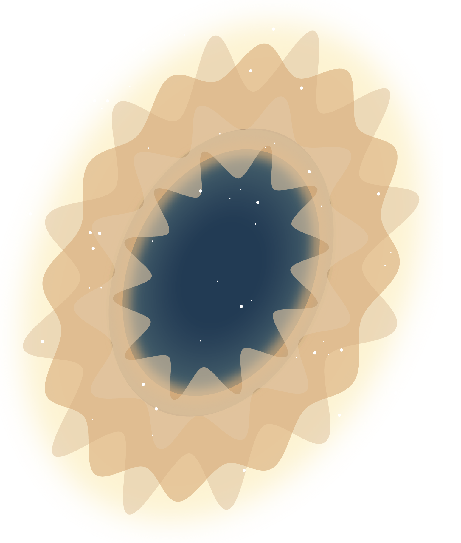 A large oval shape on an angled tilt with rounded waves around the edge, this graphic has a flower-like appearance. Smaller transparent circles with the same wavy edge are layered inward to create an inner starburst shape. The outer rings are a very yellow green color and they move inward into different light orange colors and finally to a center oval shape that is a dark blue and appears like a starburst because of the waved outlines that lay on top. White dots representing stars speckle the image.