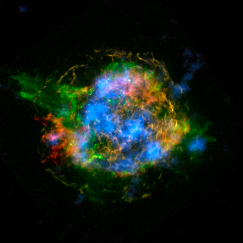 This image of X-ray light from a supernova remnant shows a nearly-circular mess of colors representing different wavelengths of X-ray light. Near the center is a blotchy patch of electric blue light. Surrounding and interweaving with that are wisps of yellow, orange and red. A plume of green juts out on the left side of the blast, with green edging around the orange light on the top and bottom of the blast. And a faint ring of pale yellow light surrounds the main ball of color.