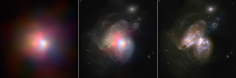 Three panels show the same region of sky in different wavelengths of light. On the left is a high-energy X-ray image, which has a bright white spot at the center with a halo of reds and yellows. The halo is brightest on the left side of the white central spot. On the right is the optical light image, which shows two cloudy ovals in shards of white, pale blue and red coming together. Where they meet the image is very bright. Also in the image are a few background spots of light on the black background. In the central image, the X-ray and optical images are shown together, so we see the bright spot where the galaxies come together surrounded by the red X-ray haze.