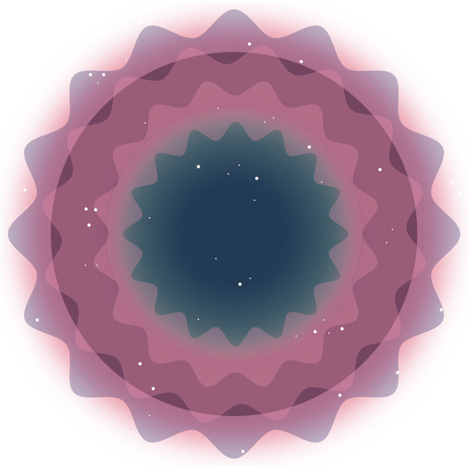 A large circular shape with rounded waves around the edge, this graphic gives the appearance of a flower. Smaller transparent circles with the same wavy edge are layered inward to create an inner starburst shape. While the outer rings are a muddy, light red color, the inner starburst shape is a darker color with green around its edge and dark blue in the center. White dots representing stars speckle the image.