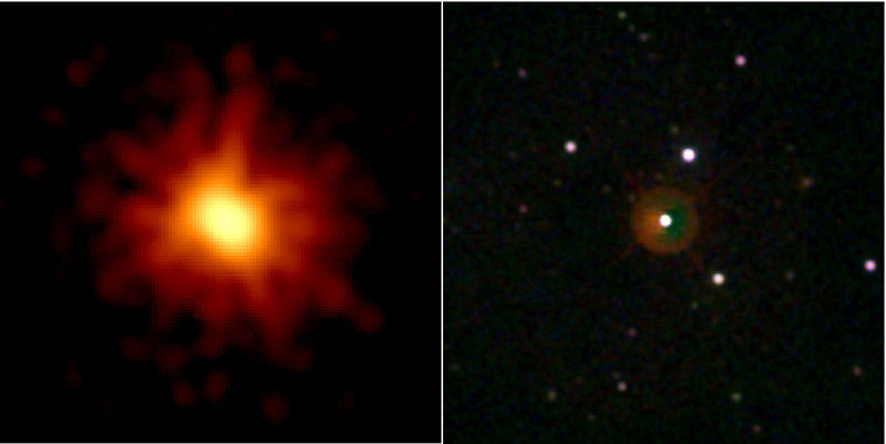 The image has two views of the same portion of sky. On the left, the X-ray light is shown in yellows and oranges like a bright ball of fire on a black background. On the right is the optical view with several balls of white light showing a starry background. In the center of the image is one of the balls of light but surrounded by an orange and green halo.