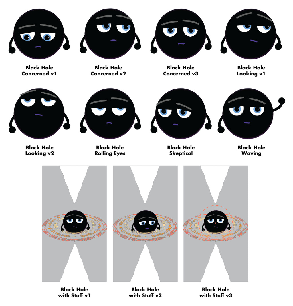 This image shows the same black hole cartoon character in a variety of poses. The character is a round black circle with a pair of thin arms on each side with balls for hands. They have two half-circle eyes, gray eyebrows, and a small blue line for a mouth. Across the top we see the black hole in four different poses, first looking down, then looking up to the right, then straight ahead, and finally up to the right again. The second row has four more poses, first looking way up, next looking ahead but rolling their eyes, next looking to the left, and finally looking straight ahead with one arm raised in a wave. Finally, the bottom row shows the black hole, this time each one is surrounded by a swirl of oranges, depicting an accretion disk. Extending upward and downward are a pair of white cones representing jets of material that can be formed in the region of a black hole. In the first, the black hole is looking straight ahead. In the second, they’re looking down to the right. Finally, they’re looking straight ahead again, but this time they have a dot near their center and a dotted circle around them, depicting the singularity and event horizon, respectively. There is text below each image with a couple of words or a phrase describing each pose.